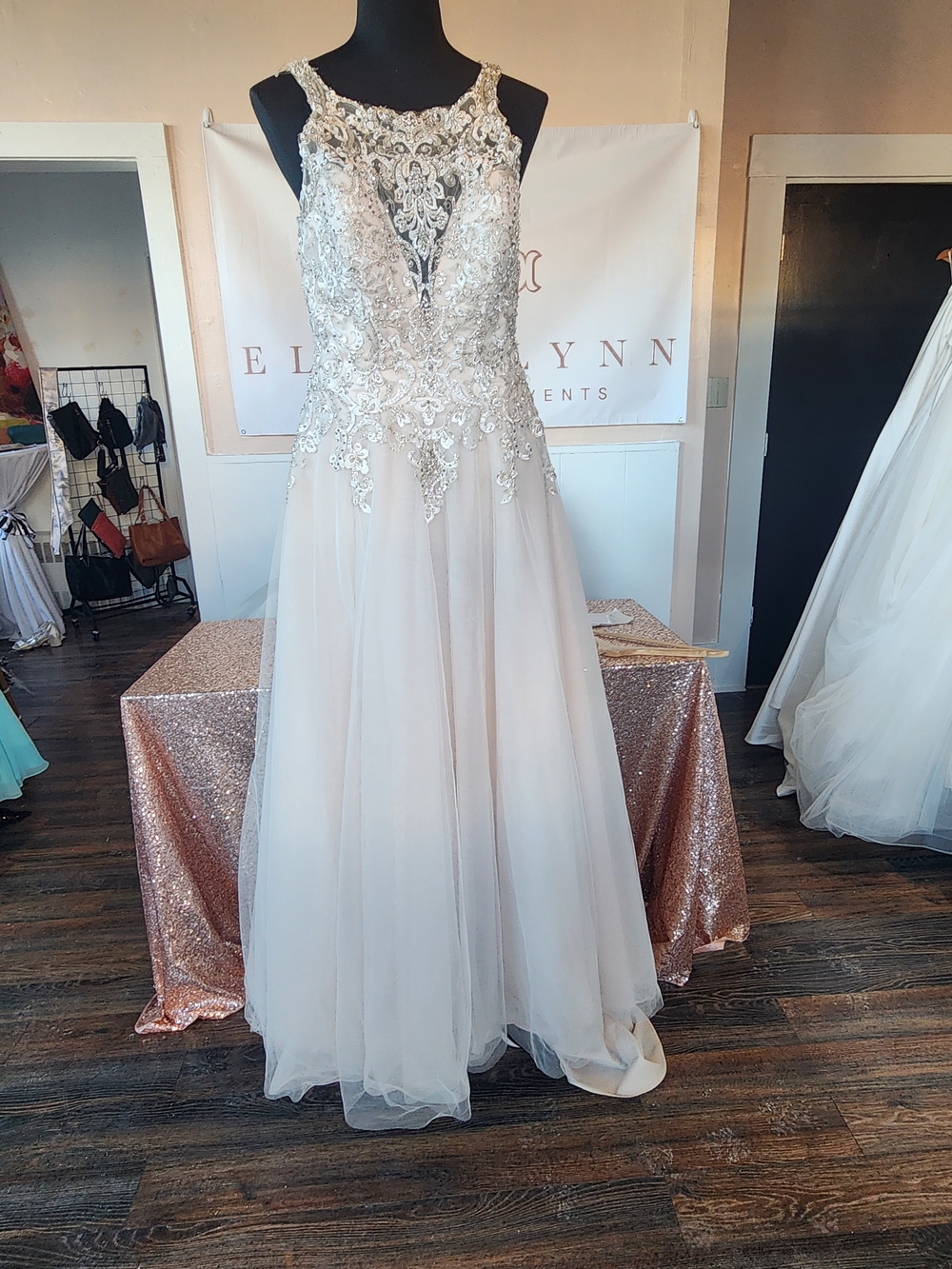 Beaded Illusion Bodice A-Line Wedding Dress - Ivory